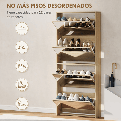 HOMCOM Sapateira Estreita com Espelho 4 Portas Abatíveis Sapateira para Entrada Corredor para 12 Pares de Sapatos Para Corredor Espaços Reduzidos 63x17x146 cm Madeira