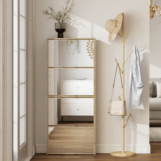 HOMCOM Sapateira Estreita com Espelho 4 Portas Abatíveis Sapateira para Entrada Corredor para 12 Pares de Sapatos Para Corredor Espaços Reduzidos 63x17x146 cm Madeira