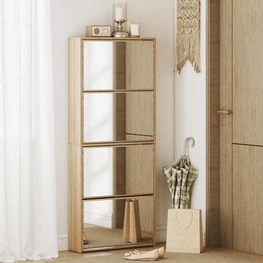 HOMCOM Sapateira Estreita com Espelho 4 Portas Abatíveis Sapateira para Entrada Corredor para 12 Pares de Sapatos Para Corredor Espaços Reduzidos 63x17x146 cm Madeira