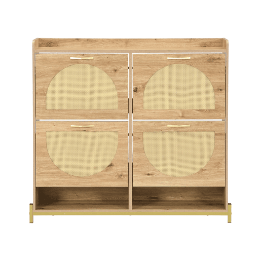 Sapateira 108,5x24x100 cm - 4 portas com rattan, estrutura metálica e prateleira superior - Carvalho claro