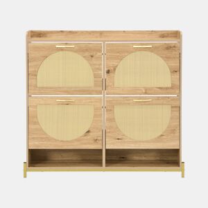Sapateira 108,5x24x100 cm - 4 portas com rattan, estrutura metálica e prateleira superior - Carvalho claro