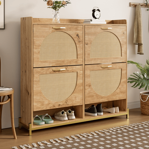 Sapateira 108,5x24x100 cm - 4 portas com rattan, estrutura metálica e prateleira superior - Carvalho claro