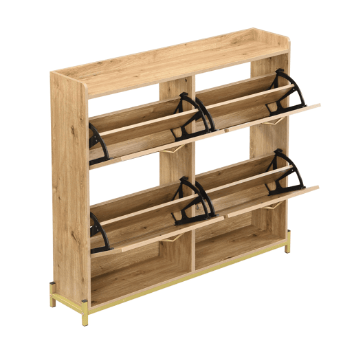 Sapateira 108,5x24x100 cm - 4 portas com rattan, estrutura metálica e prateleira superior - Carvalho claro