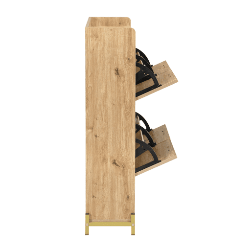 Sapateira 108,5x24x100 cm - 4 portas com rattan, estrutura metálica e prateleira superior - Carvalho claro