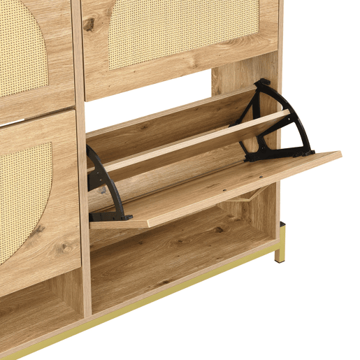 Sapateira 108,5x24x100 cm - 4 portas com rattan, estrutura metálica e prateleira superior - Carvalho claro
