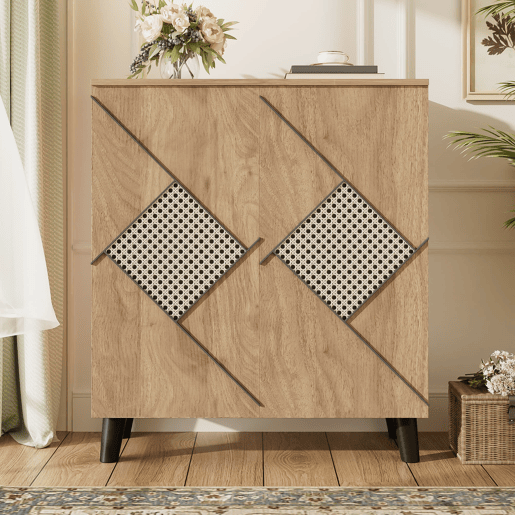 Sapateira 80x32x91 cm - Estilo moderno com padrão de rattan, portas fechadas, madeira