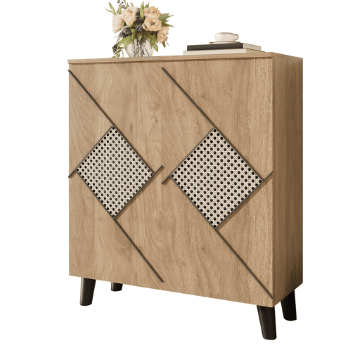 Sapateira 80x32x91 cm - Estilo moderno com padrão de rattan, portas fechadas, madeira