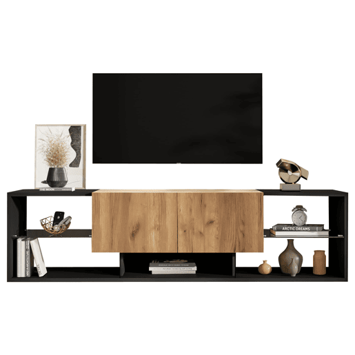Móvel de TV de 3 níveis para 70 - moderno com prateleiras de vidro e 2 gavetas - Preto+Natural Móvel de TV de 3 níveis para 70 - moderno com prateleiras de vidro e 2 gavetas - Preto+Natural