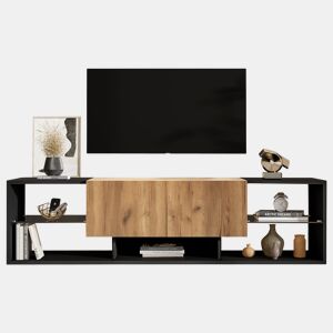 Móvel de TV de 3 níveis para 70 - moderno com prateleiras de vidro e 2 gavetas - Preto+Natural