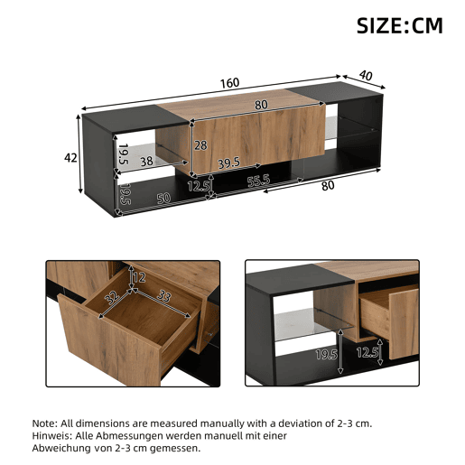 Móvel de TV de 3 níveis para 70 - moderno com prateleiras de vidro e 2 gavetas - Preto+Natural Móvel de TV de 3 níveis para 70 - moderno com prateleiras de vidro e 2 gavetas - Preto+Natural