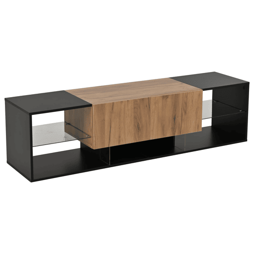 Móvel de TV de 3 níveis para 70 - moderno com prateleiras de vidro e 2 gavetas - Preto+Natural Móvel de TV de 3 níveis para 70 - moderno com prateleiras de vidro e 2 gavetas - Preto+Natural
