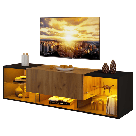 Móvel de TV de 3 níveis para 70 - moderno com prateleiras de vidro e 2 gavetas - Preto+Natural Móvel de TV de 3 níveis para 70 - moderno com prateleiras de vidro e 2 gavetas - Preto+Natural