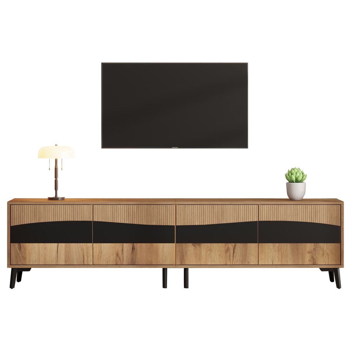 Mueble tv 180x40x50 cm - con 4 armarios, 8 patas, capacidad de 30kg, diseño simétrico - natural