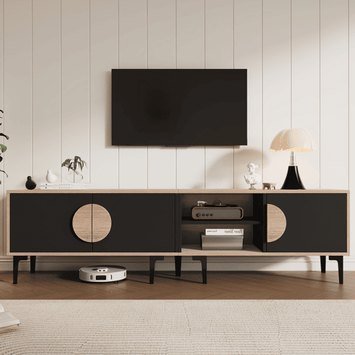 Móvel de TV 180x35x49 cm - 2 armários e prateleiras abertas - Madeira + Preto Móvel de TV 180x35x49 cm - 2 armários e prateleiras abertas - Madeira + Preto