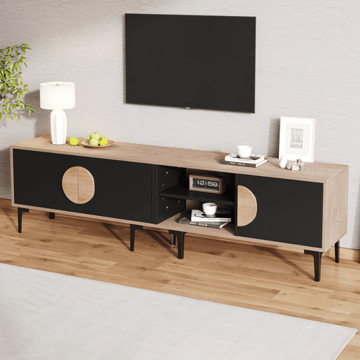 Móvel de TV 180x35x49 cm - 2 armários e prateleiras abertas - Madeira + Preto Móvel de TV 180x35x49 cm - 2 armários e prateleiras abertas - Madeira + Preto