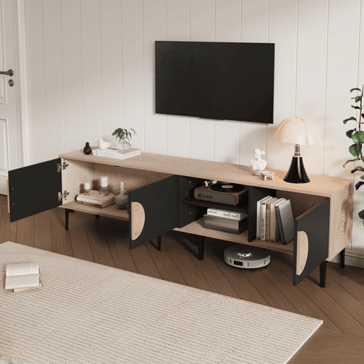 Móvel de TV 180x35x49 cm - 2 armários e prateleiras abertas - Madeira + Preto Móvel de TV 180x35x49 cm - 2 armários e prateleiras abertas - Madeira + Preto