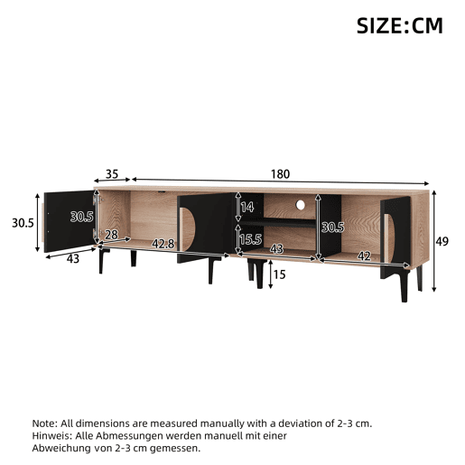 Móvel de TV 180x35x49 cm - 2 armários e prateleiras abertas - Madeira + Preto Móvel de TV 180x35x49 cm - 2 armários e prateleiras abertas - Madeira + Preto