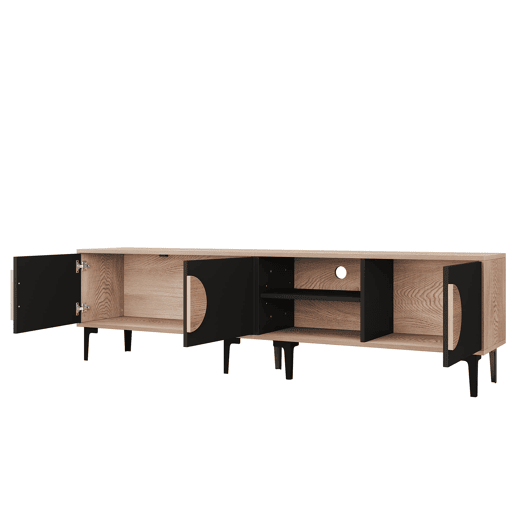 Móvel de TV 180x35x49 cm - 2 armários e prateleiras abertas - Madeira + Preto Móvel de TV 180x35x49 cm - 2 armários e prateleiras abertas - Madeira + Preto
