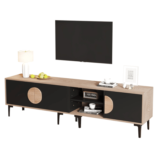 Móvel de TV 180x35x49 cm - 2 armários e prateleiras abertas - Madeira + Preto Móvel de TV 180x35x49 cm - 2 armários e prateleiras abertas - Madeira + Preto