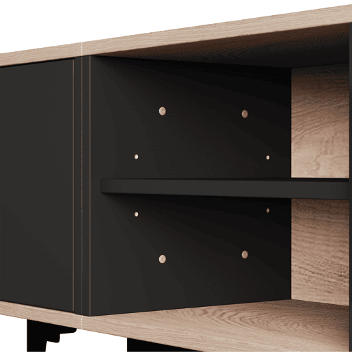 Móvel de TV 180x35x49 cm - 2 armários e prateleiras abertas - Madeira + Preto Móvel de TV 180x35x49 cm - 2 armários e prateleiras abertas - Madeira + Preto