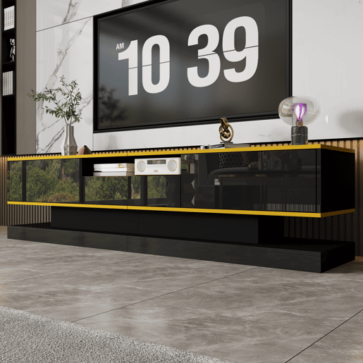 Móvel de TV moderno 180 cm - Três gavetas e um compartimento aberto - Alto brilho com luzes LED que mudam de cor