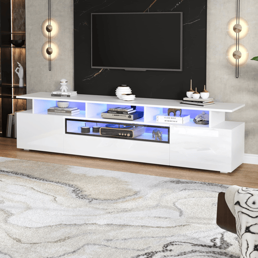 Móvel de TV 180x38x45 cm - Estante de TV com 2 armários e 1 gaveta, com LED e 10 compartimentos - Branco