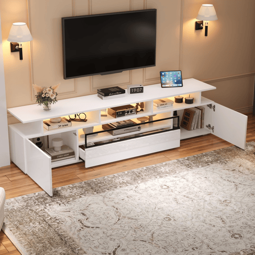 Móvel de TV 180x38x45 cm - Estante de TV com 2 armários e 1 gaveta, com LED e 10 compartimentos - Branco