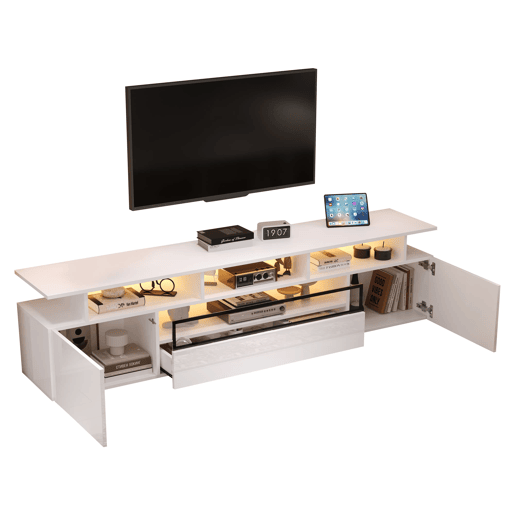 Móvel de TV 180x38x45 cm - Estante de TV com 2 armários e 1 gaveta, com LED e 10 compartimentos - Branco