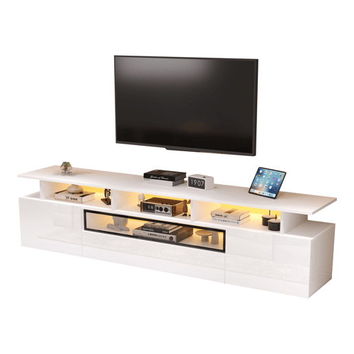 Móvel de TV 180x38x45 cm - Estante de TV com 2 armários e 1 gaveta, com LED e 10 compartimentos - Branco
