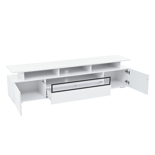 Móvel de TV 180x38x45 cm - Estante de TV com 2 armários e 1 gaveta, com LED e 10 compartimentos - Branco