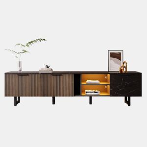 Móvel de TV 200 cm - com imitação de mármore preto, portas de madeira com veios escuros, iluminação LED ajustável, 2 portas e 2 gavetas - Preto