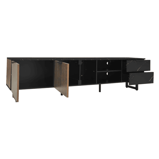 Móvel de TV 200 cm - com imitação de mármore preto, portas de madeira com veios escuros, iluminação LED ajustável, 2 portas e 2 gavetas - Preto