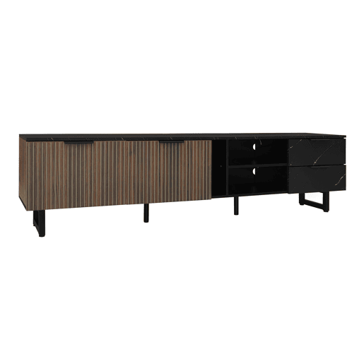 Móvel de TV 200 cm - com imitação de mármore preto, portas de madeira com veios escuros, iluminação LED ajustável, 2 portas e 2 gavetas - Preto