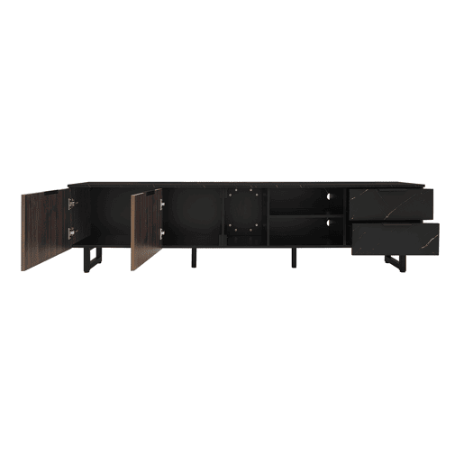 Móvel de TV 200 cm - com imitação de mármore preto, portas de madeira com veios escuros, iluminação LED ajustável, 2 portas e 2 gavetas - Preto