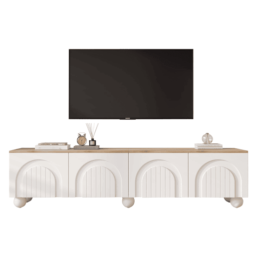 Móvel de TV 180x40x45 cm - 4 armários, 6 pés metálicos, adequado para TV de 80'' - Branco + Natural