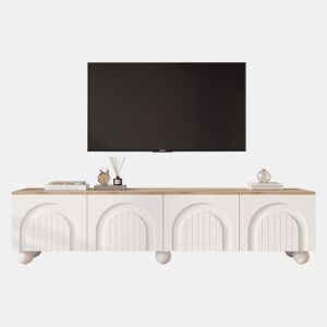 Móvel de TV 180x40x45 cm - 4 armários, 6 pés metálicos, adequado para TV de 80'' - Branco + Natural