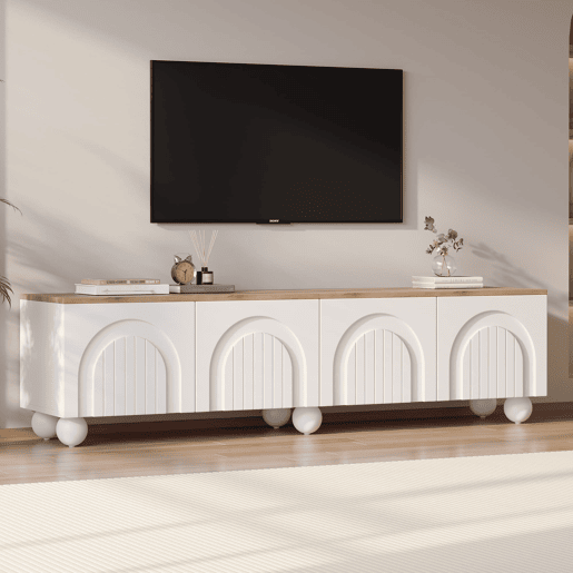 Móvel de TV 180x40x45 cm - 4 armários, 6 pés metálicos, adequado para TV de 80'' - Branco + Natural