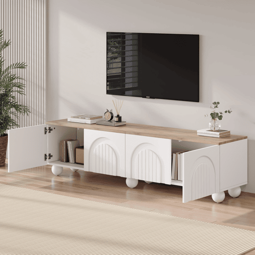 Móvel de TV 180x40x45 cm - 4 armários, 6 pés metálicos, adequado para TV de 80'' - Branco + Natural