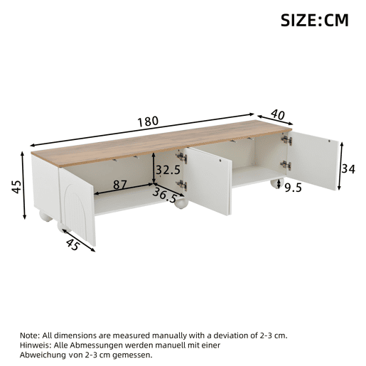 Móvel de TV 180x40x45 cm - 4 armários, 6 pés metálicos, adequado para TV de 80'' - Branco + Natural