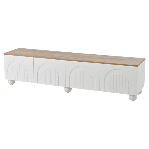 Móvel de TV 180x40x45 cm - 4 armários, 6 pés metálicos, adequado para TV de 80'' - Branco + Natural