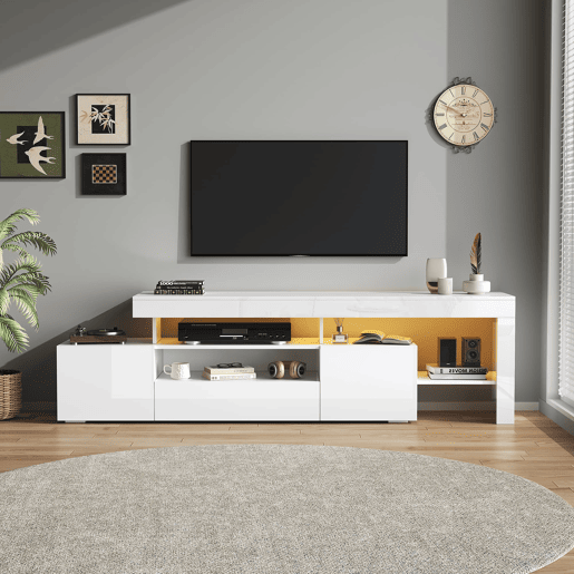 Móvel de TV 192x37x53 cm - Com 3 armários, LED, alto brilho, mesa para TV, branco