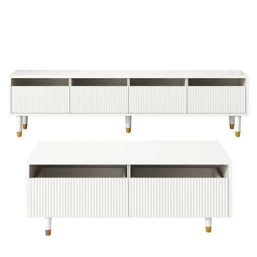 Conjunto de móveis LED - Estante de TV com 4 portas e mesa de centro com 2 gavetas - Branco com design dourado