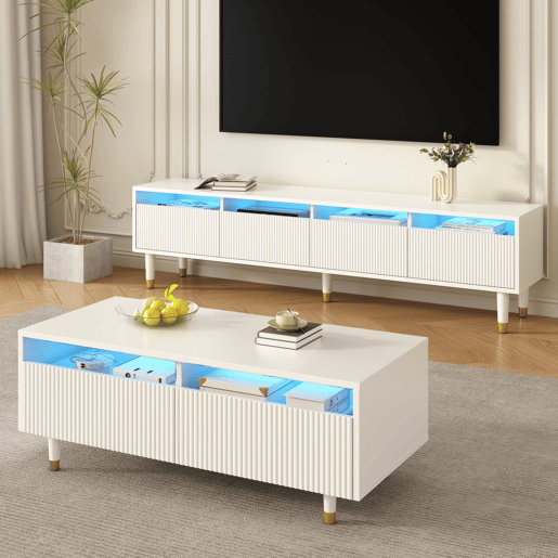 Conjunto de móveis LED - Estante de TV com 4 portas e mesa de centro com 2 gavetas - Branco com design dourado