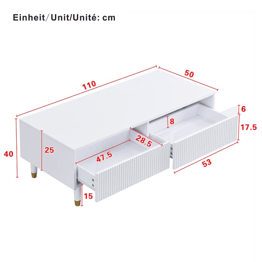 Conjunto de móveis LED - Estante de TV com 4 portas e mesa de centro com 2 gavetas - Branco com design dourado