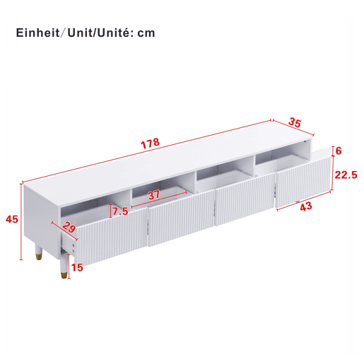 Conjunto de móveis LED - Estante de TV com 4 portas e mesa de centro com 2 gavetas - Branco com design dourado