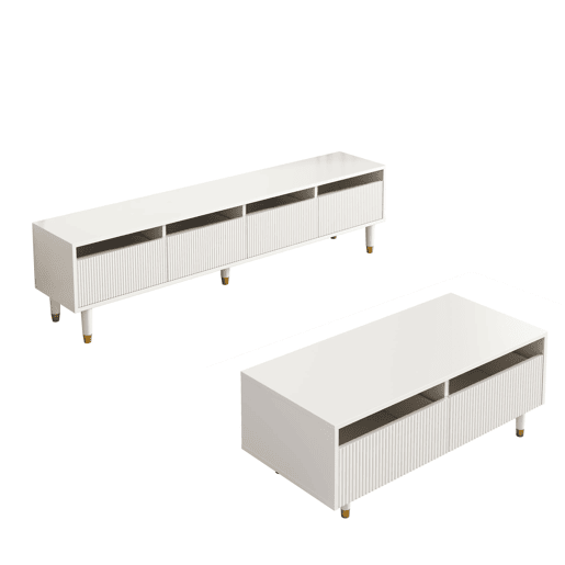 Conjunto de móveis LED - Estante de TV com 4 portas e mesa de centro com 2 gavetas - Branco com design dourado