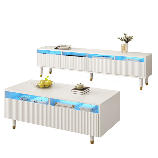 Conjunto de móveis LED - Estante de TV com 4 portas e mesa de centro com 2 gavetas - Branco com design dourado