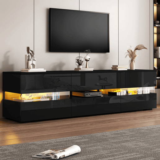 Móvel de TV moderno 160x39x45 cm - com LED, 2 portas, 1 gaveta, acrílico, para TV de 70 - Preto