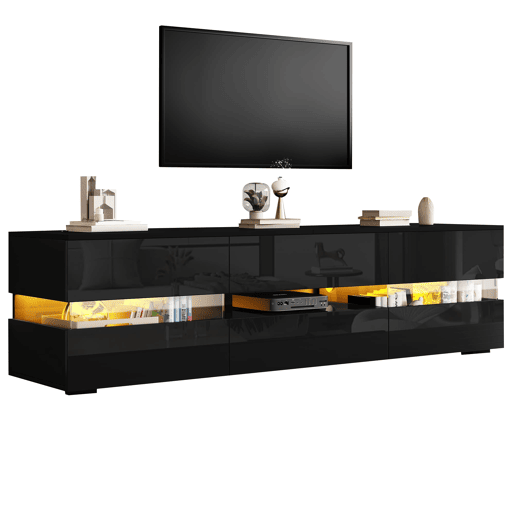 Móvel de TV moderno 160x39x45 cm - com LED, 2 portas, 1 gaveta, acrílico, para TV de 70 - Preto