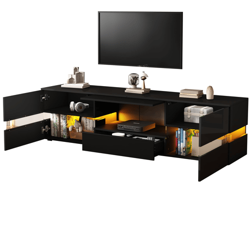 Móvel de TV moderno 160x39x45 cm - com LED, 2 portas, 1 gaveta, acrílico, para TV de 70 - Preto